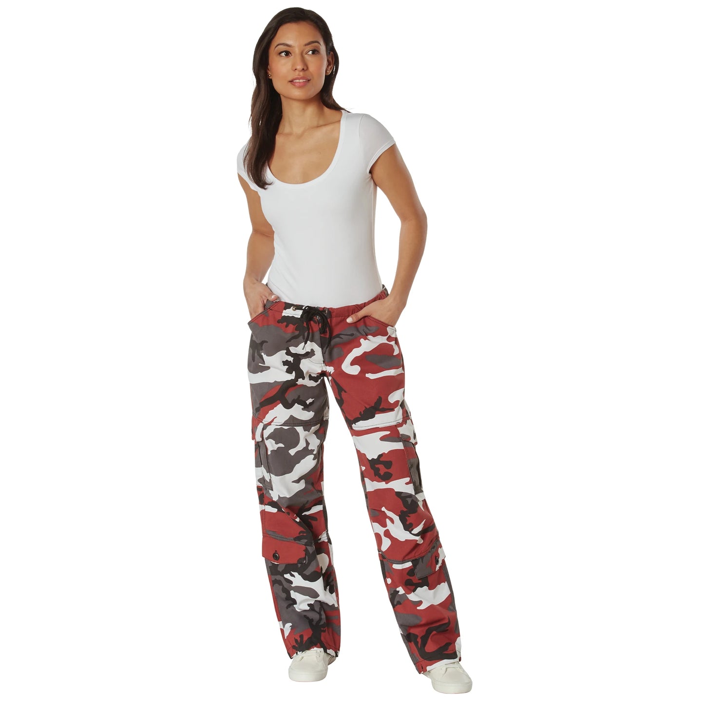 Womens camo pants top with red stripe