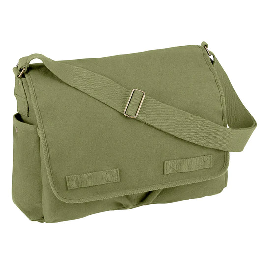 Vintage Unwashed Canvas Messenger Bag, Adjustable Shoulder Strap, Olive Drab Green