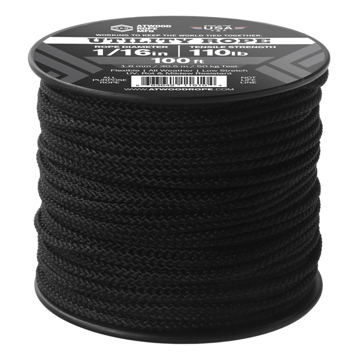 Atwood Rope 1/16-Inch Utility Cord - Black, 100 ft