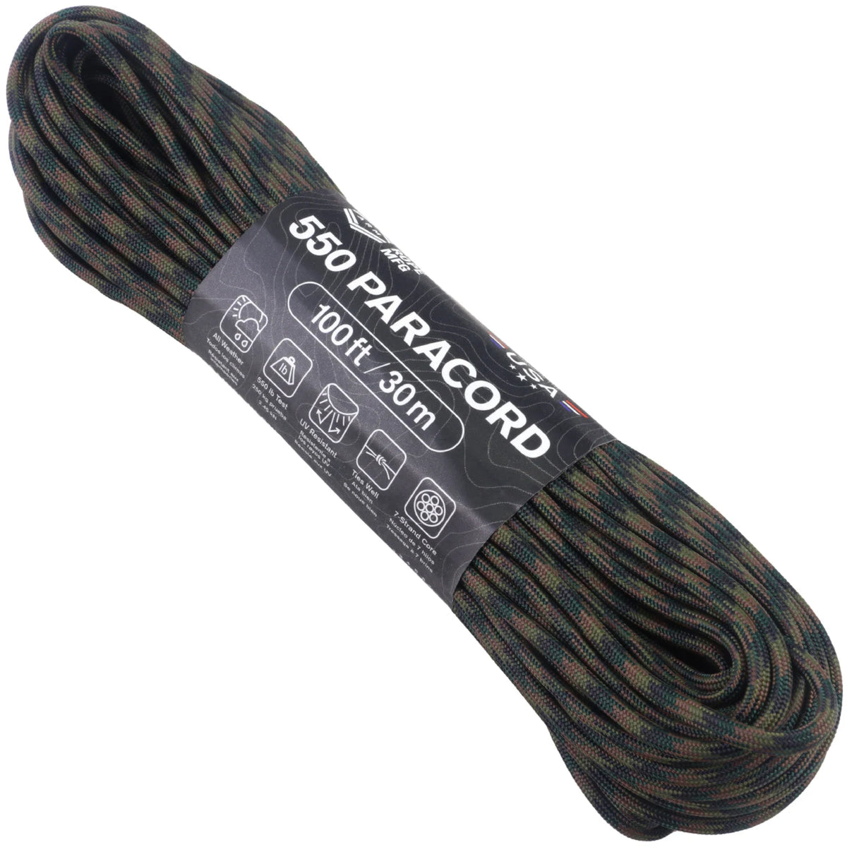 Atwood Rope 550 7-Strand Paracord, Woodland Camo, 1,000 ft