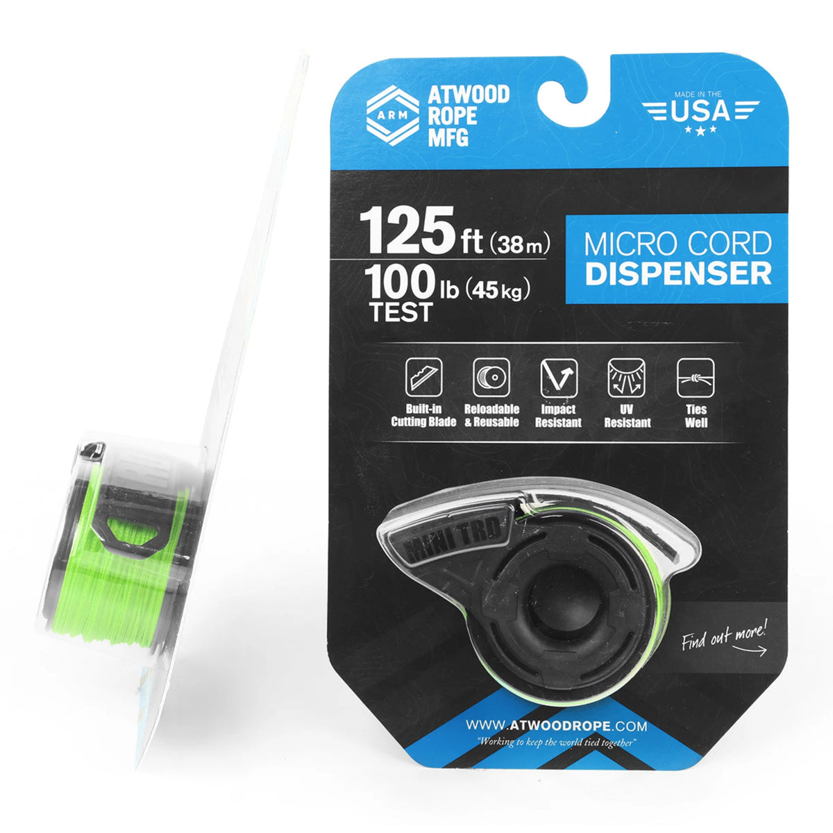 Atwood Rope MINI TRD Micro Cord Dispenser - Neon Green, 125 ft — Image 2